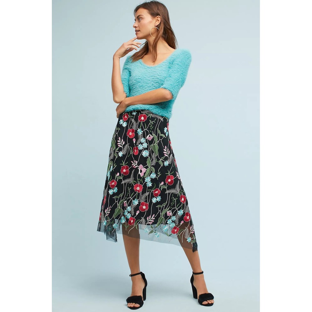 Eva Franco Fairy Grunge Boho Floral Embroidered Mesh Midi Skirt Size 4 Feminine